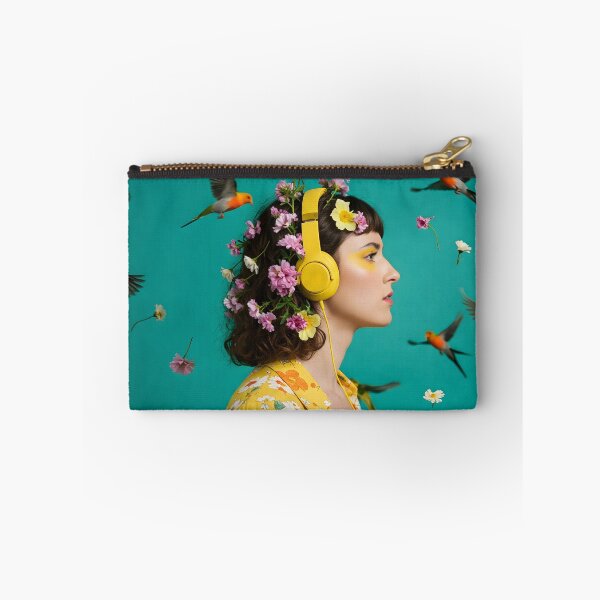 Item preview, A young adult female with flowers in her hair and yellow headphones is surrounded by colorful flying birds designed and sold by homydesign.