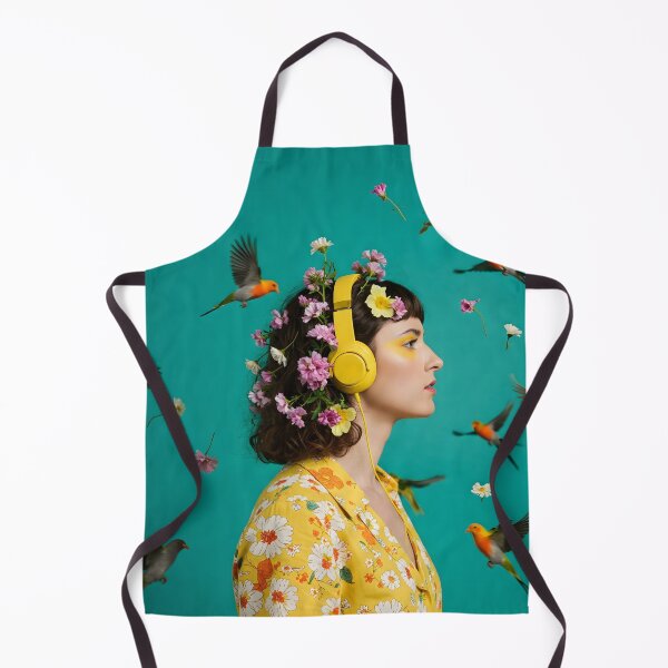 Item preview, A young adult female with flowers in her hair and yellow headphones is surrounded by colorful flying birds designed and sold by homydesign.