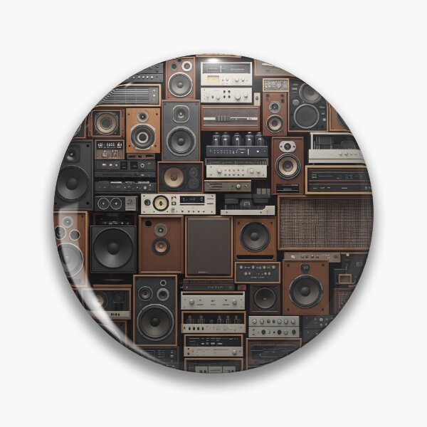 Item preview, A dense, eclectic wall of vintage audio equipment, including speakers, amplifiers, and receivers, creates a rich, textured collage designed and sold by homydesign.
