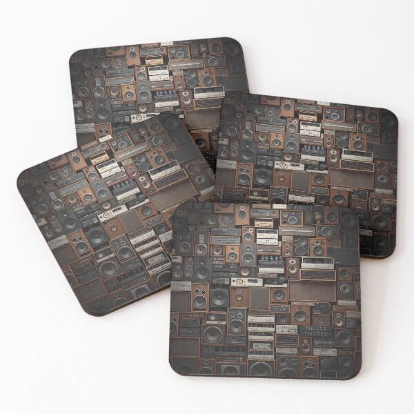 Item preview, A dense, eclectic wall of vintage audio equipment, including speakers, amplifiers, and receivers, creates a rich, textured collage designed and sold by homydesign.