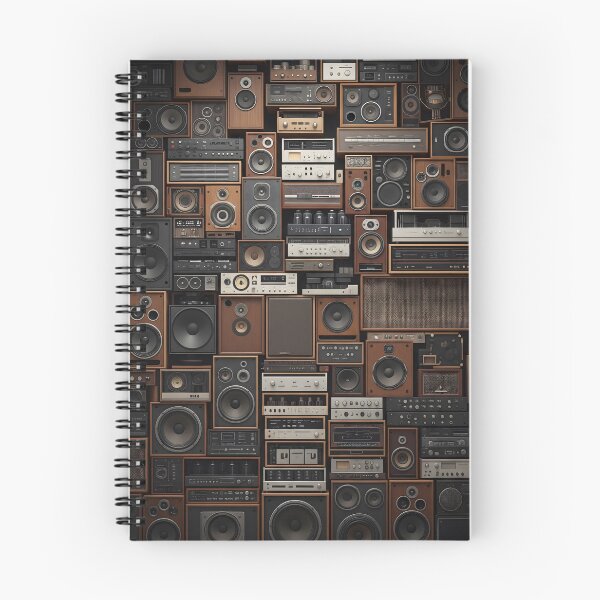 Item preview, A dense, eclectic wall of vintage audio equipment, including speakers, amplifiers, and receivers, creates a rich, textured collage designed and sold by homydesign.
