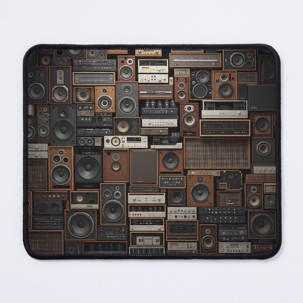 Item preview, A dense, eclectic wall of vintage audio equipment, including speakers, amplifiers, and receivers, creates a rich, textured collage designed and sold by homydesign.