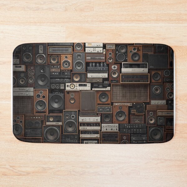 Item preview, A dense, eclectic wall of vintage audio equipment, including speakers, amplifiers, and receivers, creates a rich, textured collage designed and sold by homydesign.