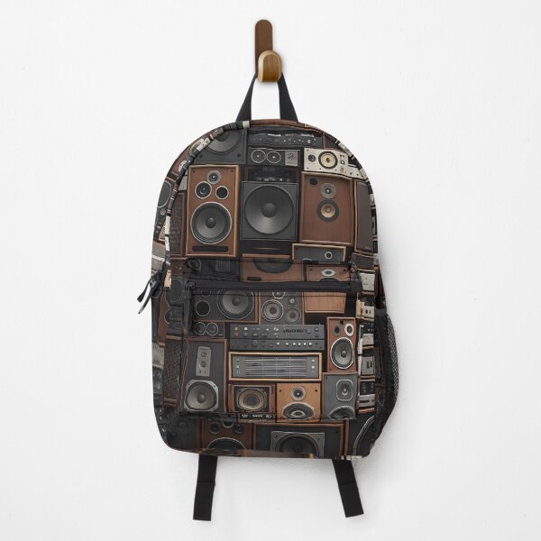Item preview, A dense, eclectic wall of vintage audio equipment, including speakers, amplifiers, and receivers, creates a rich, textured collage designed and sold by homydesign.