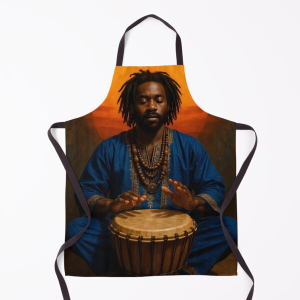 Item preview, A captivating portrait of an adult male with dreadlocks in traditional attire, meditating while poised to play a djembe drum against a warm, sun-like backdrop designed and sold by homydesign.