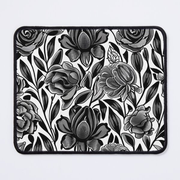 Item preview, roses, daisies and other selected flowers, black and white floral pattern, black flower motif designed and sold by gulka8.
