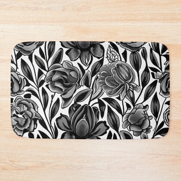 Item preview, roses, daisies and other selected flowers, black and white floral pattern, black flower motif designed and sold by gulka8.
