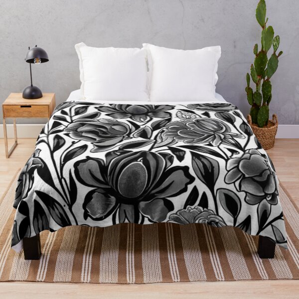 Item preview, roses, daisies and other selected flowers, black and white floral pattern, black flower motif designed and sold by gulka8.