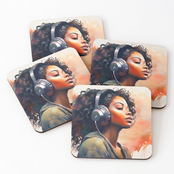 Item preview, A young adult woman with curly hair, appearing peaceful and absorbed, listens to music through headphones against a vibrant watercolor splash background designed and sold by homydesign.