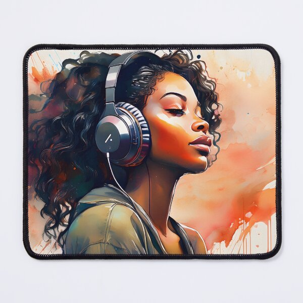 Item preview, A young adult woman with curly hair, appearing peaceful and absorbed, listens to music through headphones against a vibrant watercolor splash background designed and sold by homydesign.