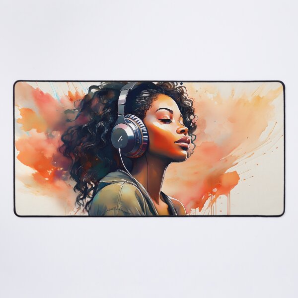 Item preview, A young adult woman with curly hair, appearing peaceful and absorbed, listens to music through headphones against a vibrant watercolor splash background designed and sold by homydesign.