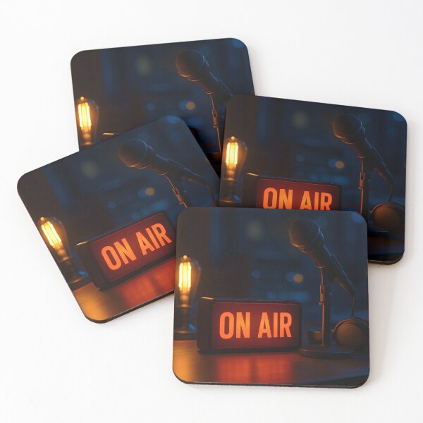 Item preview, A microphone, headphones, and an illuminated "ON AIR" sign sit on a dark desk, bathed in the soft glow of a vintage Edison bulb designed and sold by homydesign.