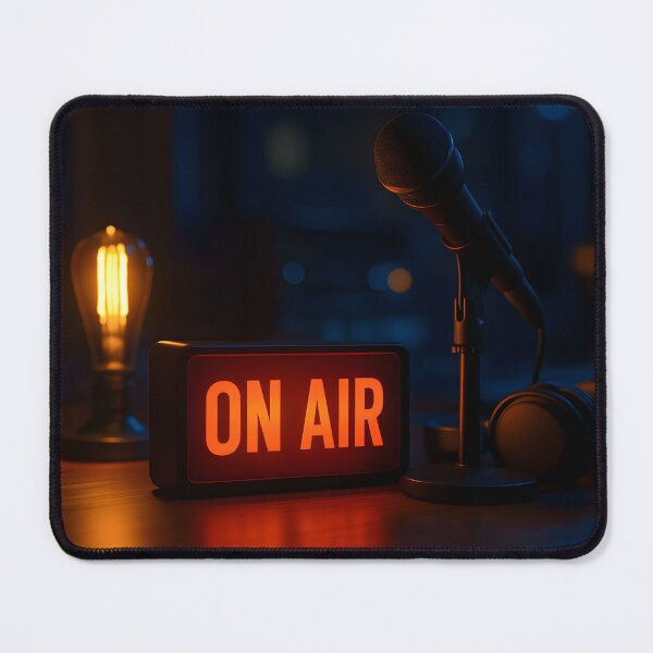 Item preview, A microphone, headphones, and an illuminated "ON AIR" sign sit on a dark desk, bathed in the soft glow of a vintage Edison bulb designed and sold by homydesign.