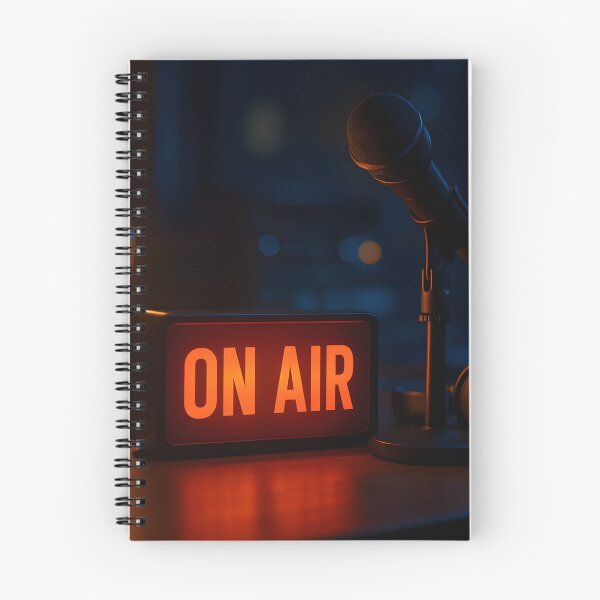 Item preview, A microphone, headphones, and an illuminated "ON AIR" sign sit on a dark desk, bathed in the soft glow of a vintage Edison bulb designed and sold by homydesign.