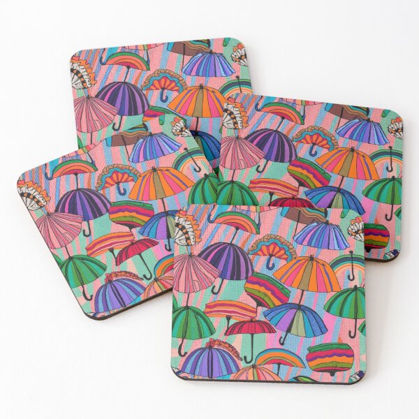 Item preview, colorful umbrellas on a striped background Textile patterns Abstract expressionism, screen printing, color theory, surrealism, pointillism:: clothing design, intricate embroidery, vivid, color palette designed and sold by gulka8.