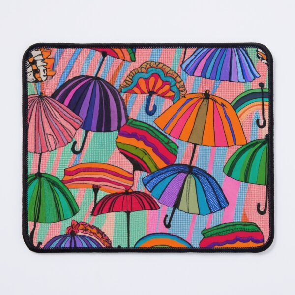 Item preview, colorful umbrellas on a striped background Textile patterns Abstract expressionism, screen printing, color theory, surrealism, pointillism:: clothing design, intricate embroidery, vivid, color palette designed and sold by gulka8.