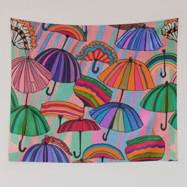 Item preview, colorful umbrellas on a striped background Textile patterns Abstract expressionism, screen printing, color theory, surrealism, pointillism:: clothing design, intricate embroidery, vivid, color palette designed and sold by gulka8.