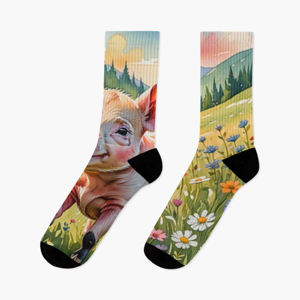 Item preview, A Cute Piglet Happily in A Sunny Meadow With Wildflowers in Cartoon Watercolor Painting designed and sold by MyArt23.