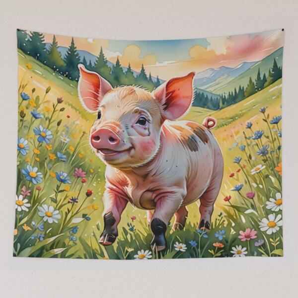 Item preview, A Cute Piglet Happily in A Sunny Meadow With Wildflowers in Cartoon Watercolor Painting designed and sold by MyArt23.