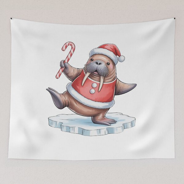 Item preview, Christmas Walrus with Candy Cane – Cute Arctic Holiday Wall Art designed and sold by vk09.