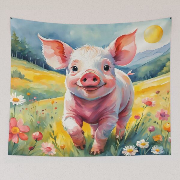 Item preview, A Cute Piglet Happily in A Sunny Meadow With Wildflowers in Cartoon Watercolor Painting designed and sold by MyArt23.