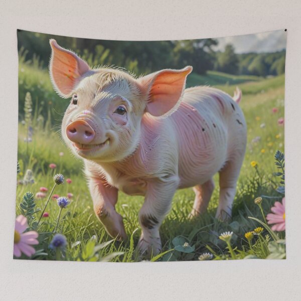 Item preview, A Cute Piglet Happily in A Sunny Meadow With Wildflowers in Cartoon Watercolor Painting designed and sold by MyArt23.