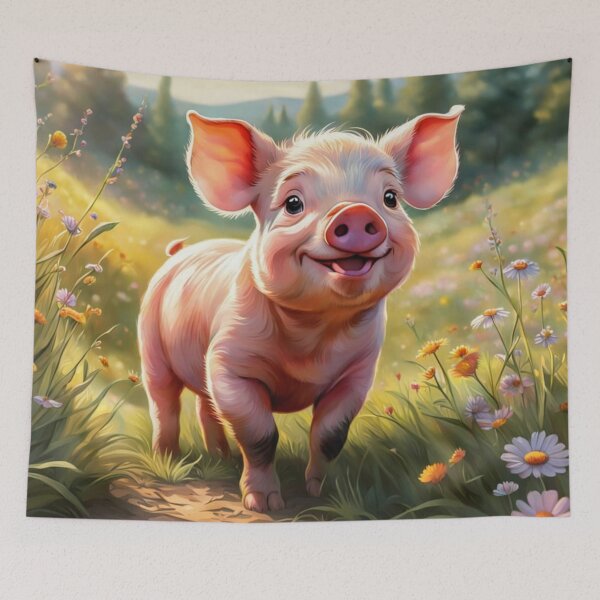 Item preview, A Cute Piglet Happily in A Sunny Meadow With Wildflowers in Cartoon Watercolor Painting designed and sold by MyArt23.
