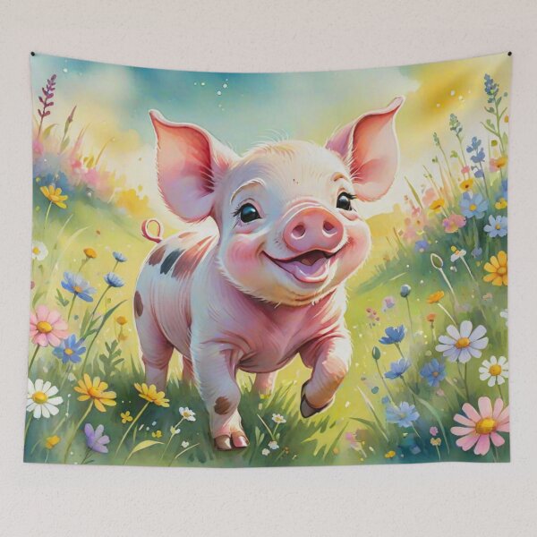 Item preview, A Cute Piglet Happily in A Sunny Meadow With Wildflowers in Cartoon Watercolor Painting designed and sold by MyArt23.