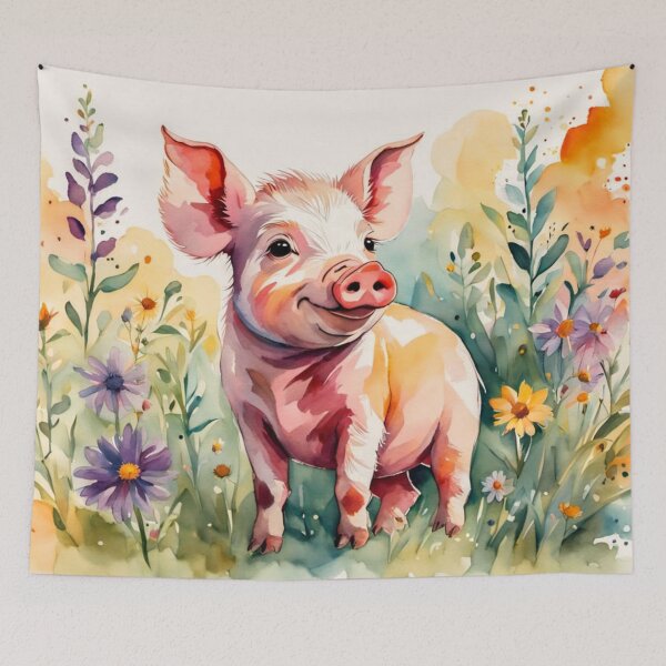Item preview, A Cute Piglet Happily in A Sunny Meadow With Wildflowers in Cartoon Watercolor Painting designed and sold by MyArt23.