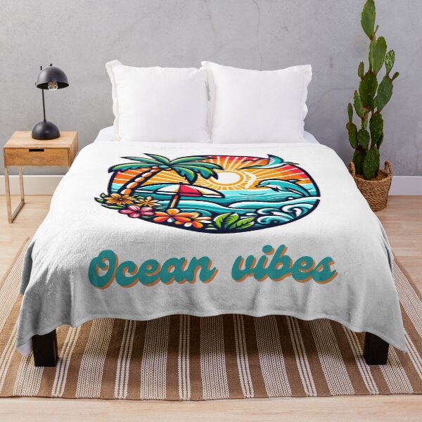 Artikelvorschau, Ocean Vibes – Illustration eines tropischen Strandes und Sonnenuntergangs. entworfen und verkauft von The-T-In-Retro.