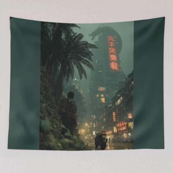 Item preview, Cyberpunk Dragon Neon City – Rainy Futuristic Street Art designed and sold by ArgentoArt.