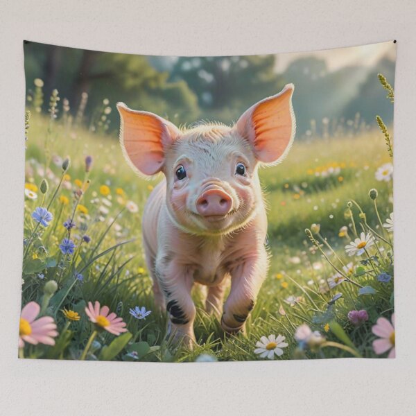 Item preview, A Cute Piglet Happily in A Sunny Meadow With Wildflowers in Cartoon Watercolor Painting designed and sold by MyArt23.