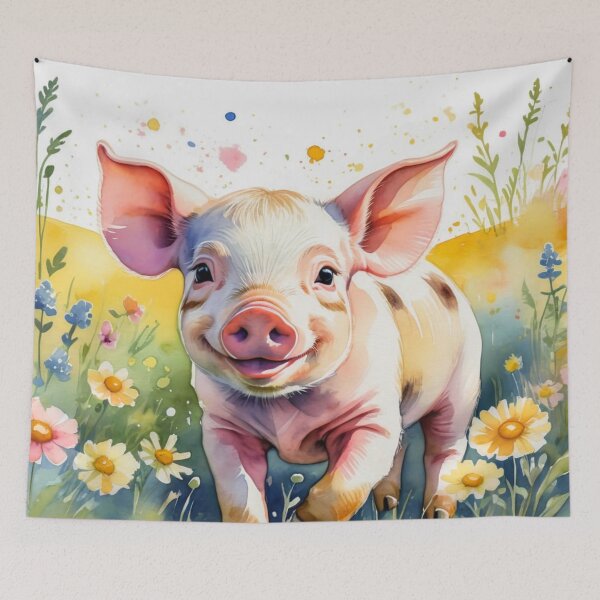 Item preview, A Cute Piglet Happily in A Sunny Meadow With Wildflowers in Cartoon Watercolor Painting designed and sold by MyArt23.