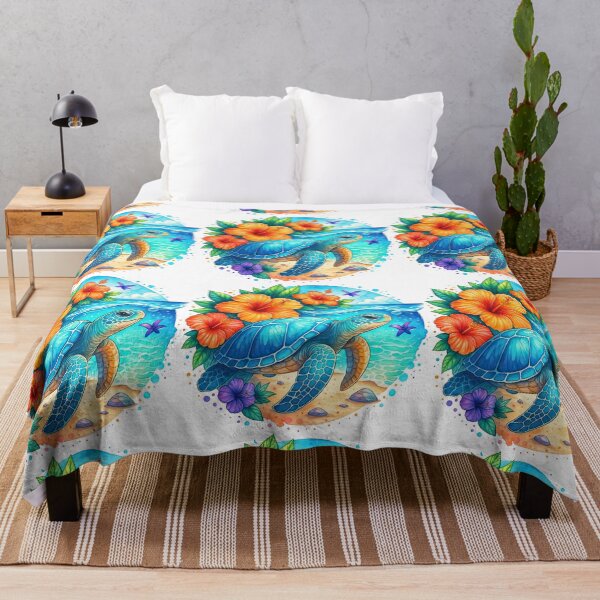 Item preview, Tropical Sea Turtle with Hibiscus Flowers Beach Illustration designed and sold by ArtfulWeave.