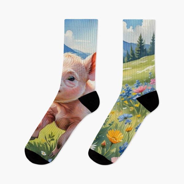 Item preview, A Cute Piglet Happily in A Sunny Meadow With Wildflowers in Cartoon Watercolor Painting designed and sold by MyArt23.