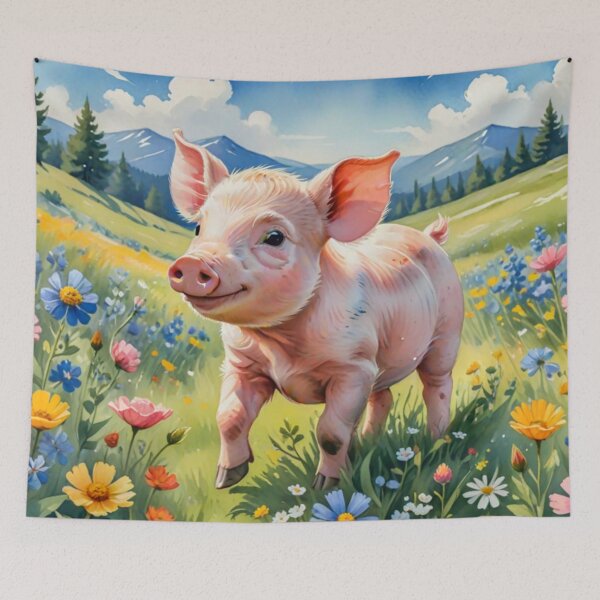Item preview, A Cute Piglet Happily in A Sunny Meadow With Wildflowers in Cartoon Watercolor Painting designed and sold by MyArt23.