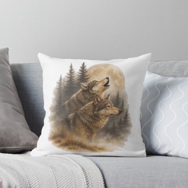 Item preview, Two Wolves Howling at Full Moon Forest Illustration designed and sold by ArtfulWeave.