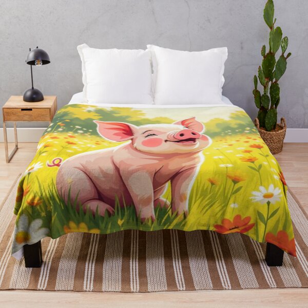 Item preview, A Cute Smiling Piglet Happily in A Sunny Meadow With Wildflowers in Cartoon Watercolor Painting designed and sold by MyArt23.