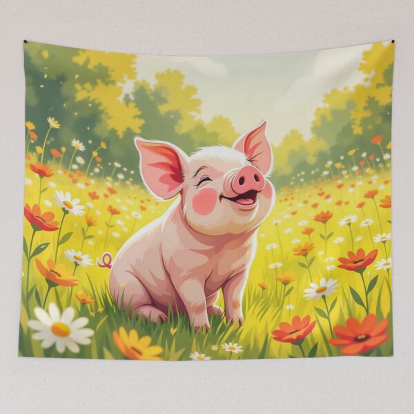Item preview, A Cute Smiling Piglet Happily in A Sunny Meadow With Wildflowers in Cartoon Watercolor Painting designed and sold by MyArt23.