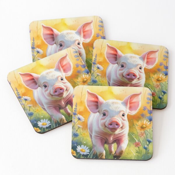 Item preview, A Cute Smiling Piglet Happily in A Sunny Meadow With Wildflowers in Cartoon Watercolor Painting designed and sold by MyArt23.