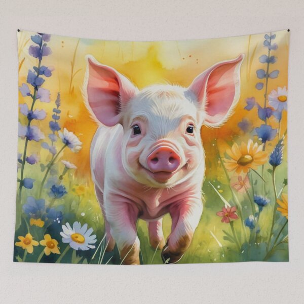 Item preview, A Cute Smiling Piglet Happily in A Sunny Meadow With Wildflowers in Cartoon Watercolor Painting designed and sold by MyArt23.