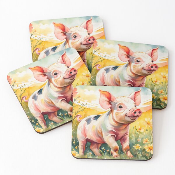 Item preview, A Cute Smiling Piglet Happily in A Sunny Meadow With Wildflowers in Cartoon Watercolor Painting designed and sold by MyArt23.