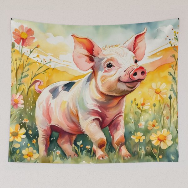 Item preview, A Cute Smiling Piglet Happily in A Sunny Meadow With Wildflowers in Cartoon Watercolor Painting designed and sold by MyArt23.