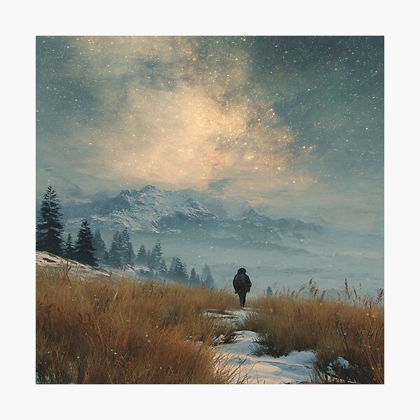 Aperçu de l'œuvre Solitude cosmique en pleine nature | Art d'aventure sur le sentier des montagnes de la Voie lactée créée et vendue par MetroEnvision.