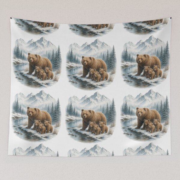 Item preview, Bear Family in Snowy Mountain Landscape Illustration designed and sold by ArtfulWeave.