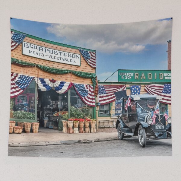 Item preview, Vintage Produce & Radio Stores with Patriotic Decor and Classic Car designed and sold by plugsnpixels.
