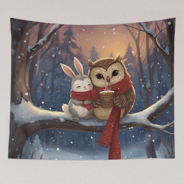 Item preview, Snowy Love – Owl and Bunny in Wintertime designed and sold by WildlifeWhimsy.