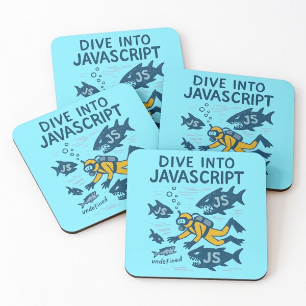 Aperçu de l'œuvre Plongez dans JavaScript – Un plongeur du codage entouré de requins JS créée et vendue par Nerd Romance Café.