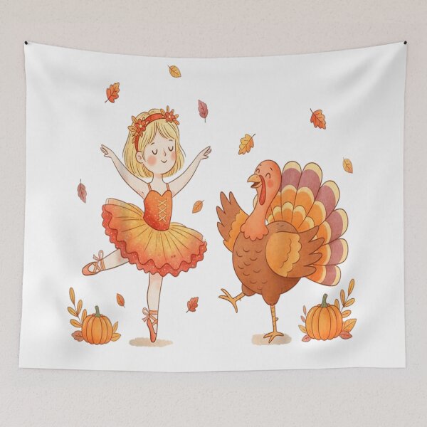 Item preview, Adorable Thanksgiving Turkey Ballerina Dance, Autumn Leaves Cute Watercolor Art designed and sold by Serene woods.