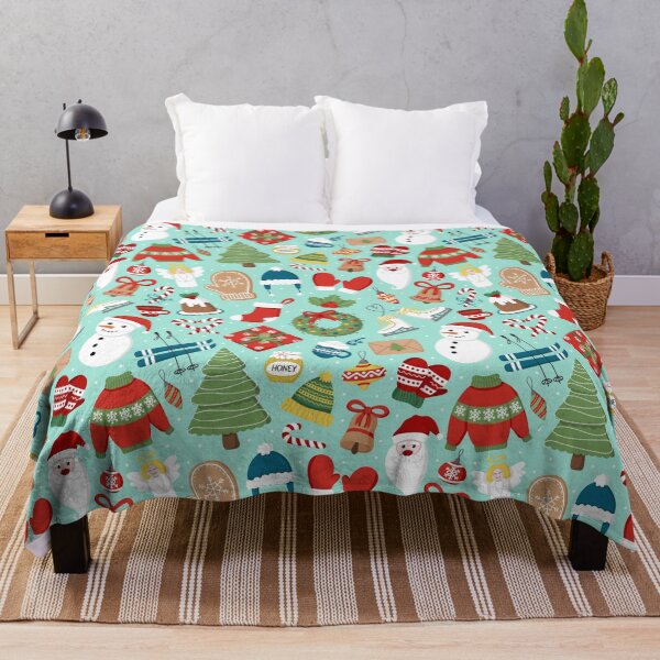 Item preview, Festive Christmas Throw Blanket with Holiday Icons - Wreaths, Trees, Snowmen & Candy Canes designed and sold by FestivityFinds.